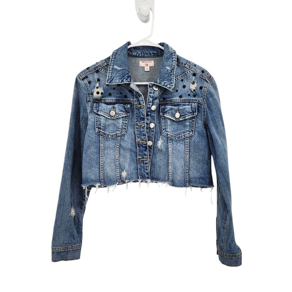 True Religion Women's Embellished Distressed Cropped Denim Jacket Sz S